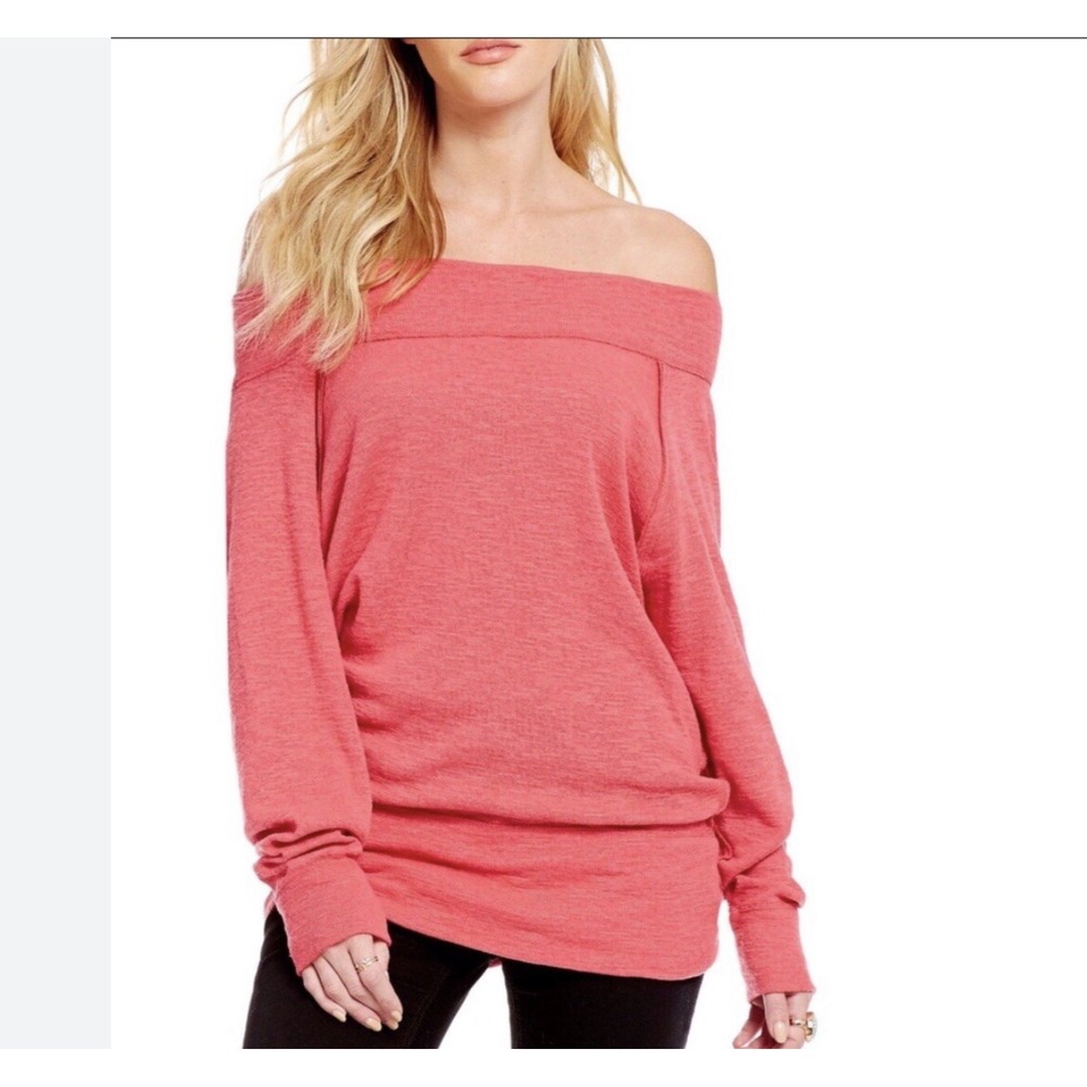 Free People Palisades Off Shoulder Knit Top Red Long Sleeve  Boho‎ Size Small